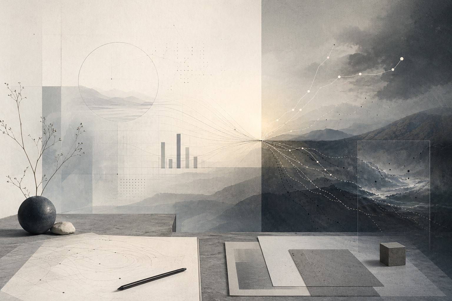 Abstrakte Visualisierung zu strategischer Datenanalyse und Unsicherheit